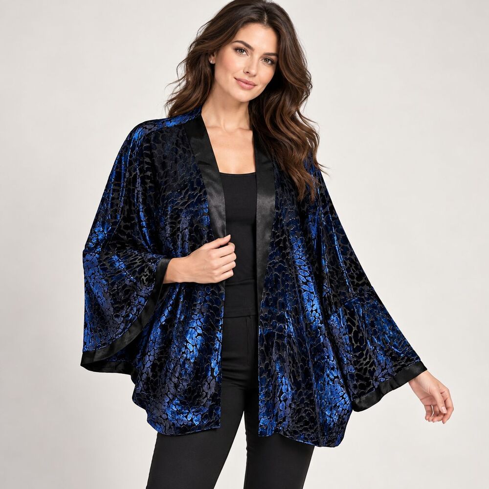Badgley Mischka American Glamour XL Blue Velvet Burnout Kimono Jacket Topper